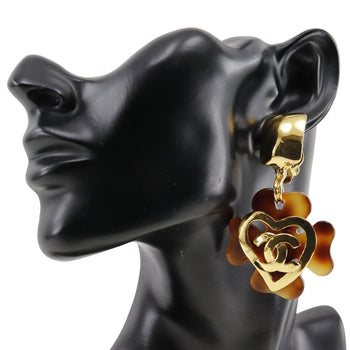 Chanel Earring Plated Gold , Plastic Brown Vintage Clover Coco Mark Heart Women