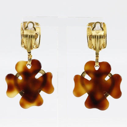 Chanel Earring Plated Gold , Plastic Brown Vintage Clover Coco Mark Heart Women