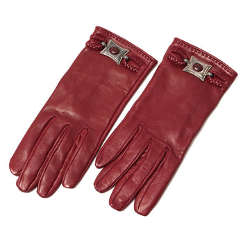 Hermes Gloves Genuine Leather Bordeaux/Silver 7.5