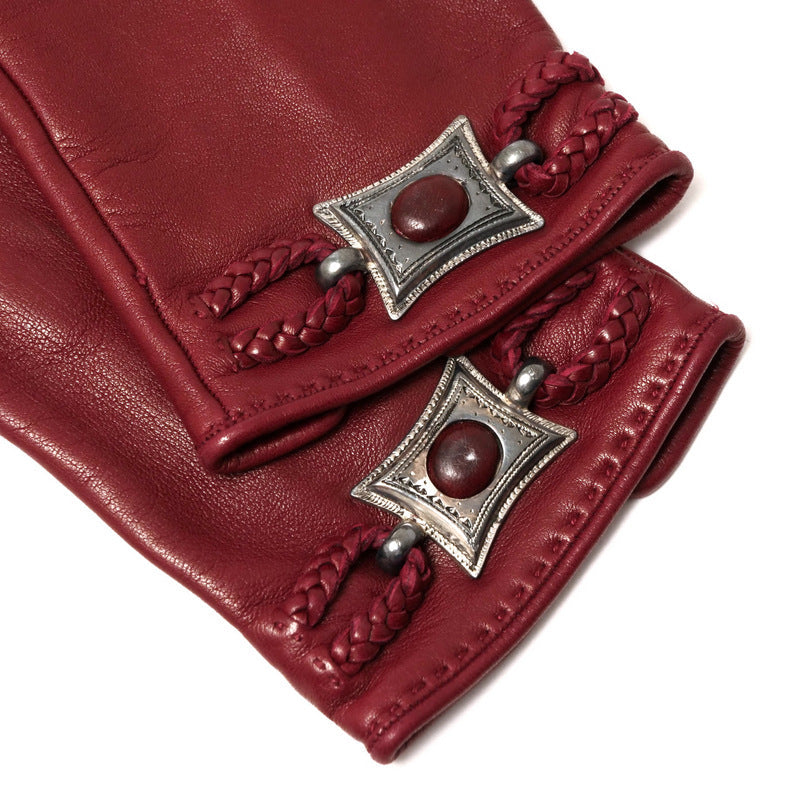 Hermes Gloves Genuine Leather Bordeaux/Silver 7.5