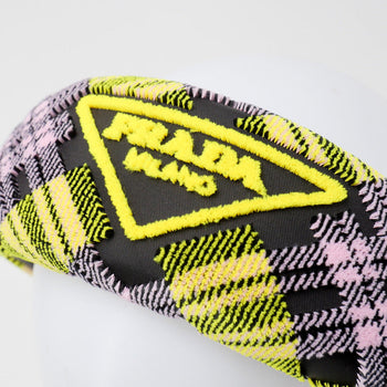 Prada Hair Accessory Velor Multicolor Hairband With Triangle Logo Headband Check Pattern Women