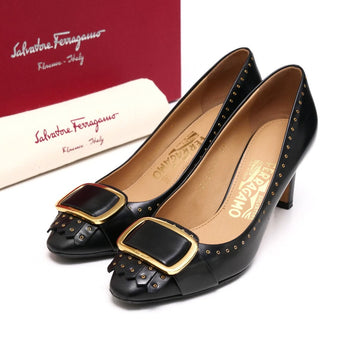 Salvatore Ferragamo Pumps Zx10444 70 Leather Black Gold Women 4 1/2 C