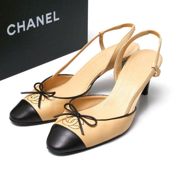 Chanel Pumps Leather Beige Type Black 37 C