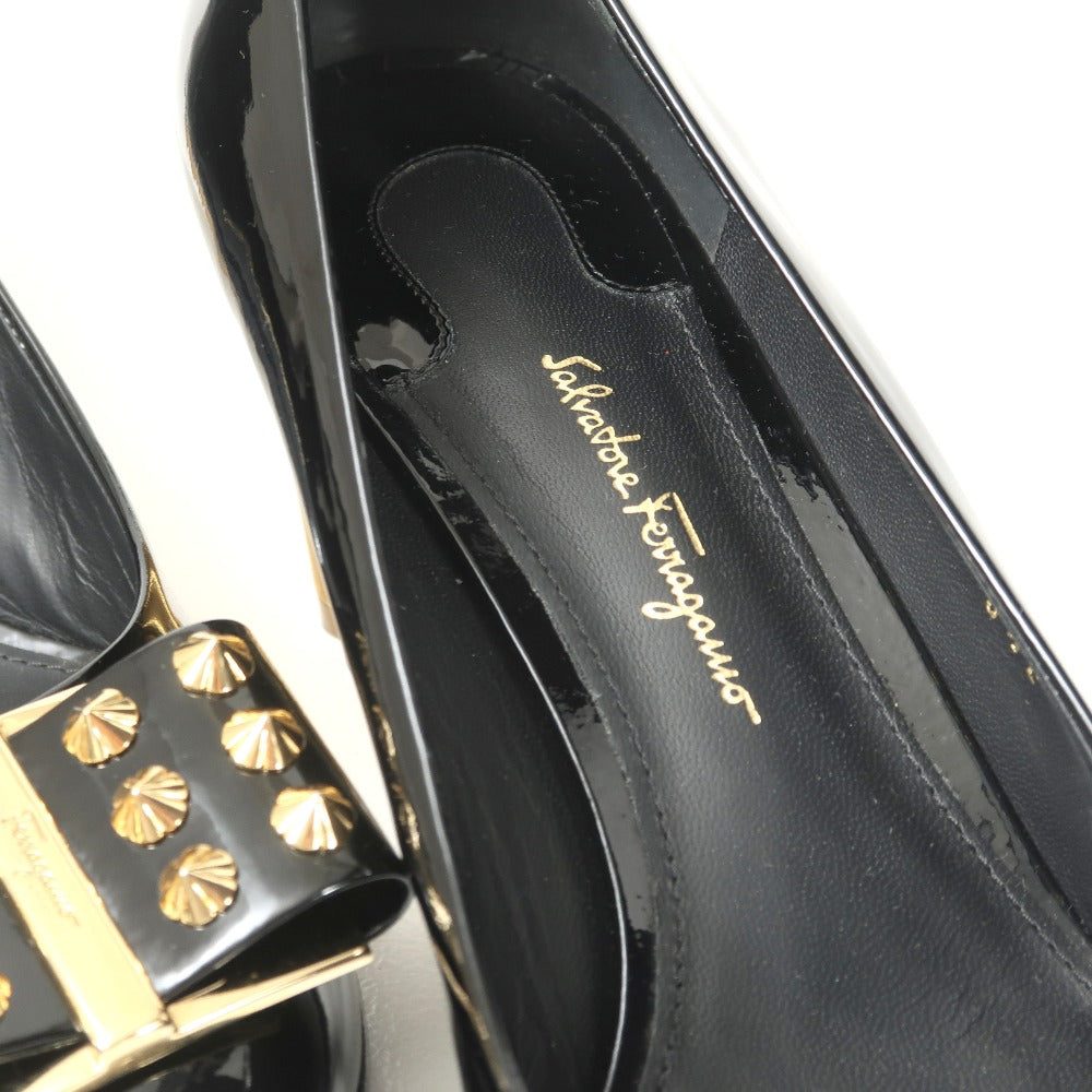 Salvatore Ferragamo Pumps Patent Leather Black Gold 87280 8 1/2