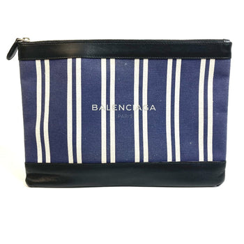 Balenciaga Clutch Bag 420407 Canvas / Leather Navy X Black Stripe Logo Navy Clip M Unisex(Unisex)
