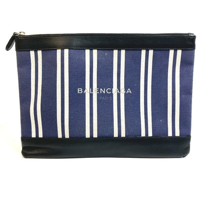 Balenciaga Clutch Bag 420407 Canvas / Leather Navy X Black Stripe Logo Navy Clip M Unisex(Unisex)