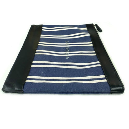 Balenciaga Clutch Bag 420407 Canvas / Leather Navy X Black Stripe Logo Navy Clip M Unisex(Unisex)