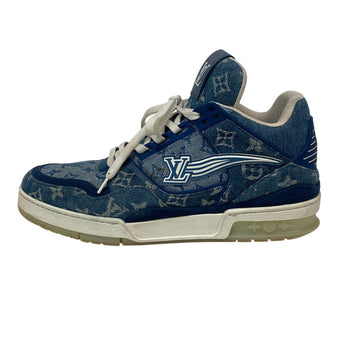 Louis Vuitton Sneakers Fd0270 Denim, Leather Blue Monogram Denim Mens 7 1/2