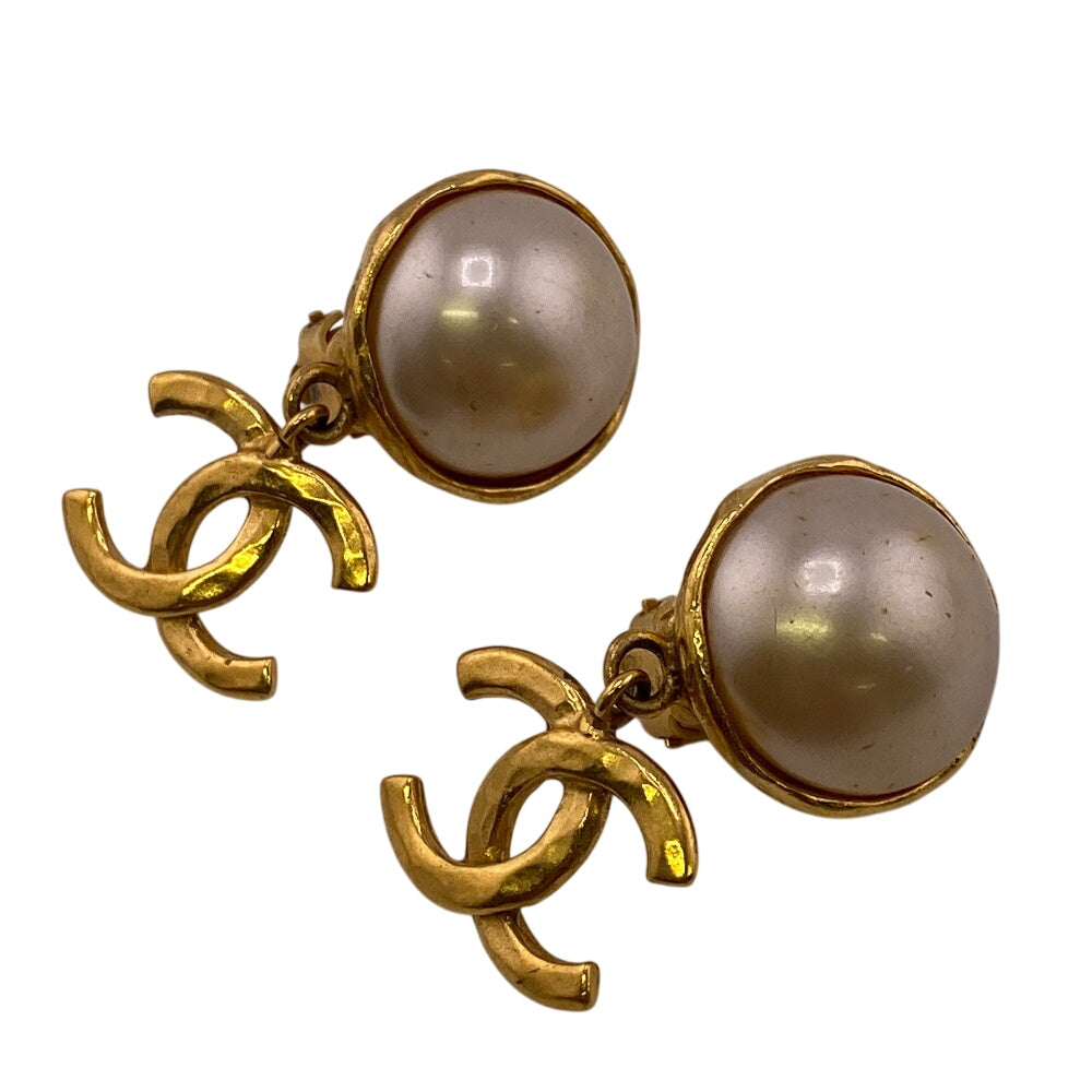 Chanel Earring Gold Plated Gold 95P Fake Pearl Coco Mark Women