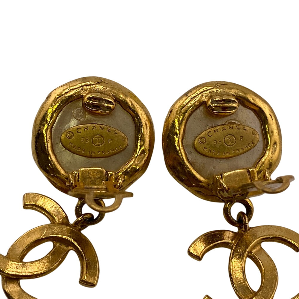 Chanel Earring Gold Plated Gold 95P Fake Pearl Coco Mark Women