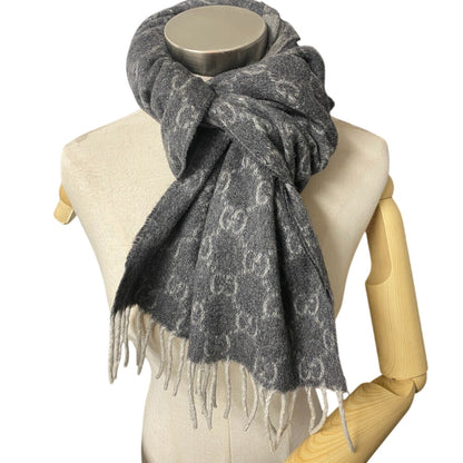 Gucci Scarf Cashmere Gray Gg Pattern Women(Unisex)
