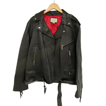Gucci Riders Jacket 442668 Lambskin, Leather Black Tiger Embroidered Biker Jacket Mens 54