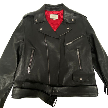 Gucci Riders Jacket 442668 Lambskin, Leather Black Tiger Embroidered Biker Jacket Mens 54
