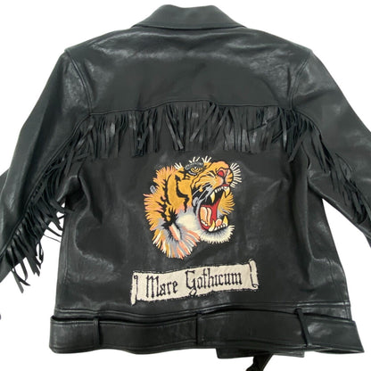 Gucci Riders Jacket 442668 Lambskin, Leather Black Tiger Embroidered Biker Jacket Mens 54