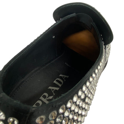 Prada Loafers Leather Black Triangle Plate Crystal Chocolate Mens 7