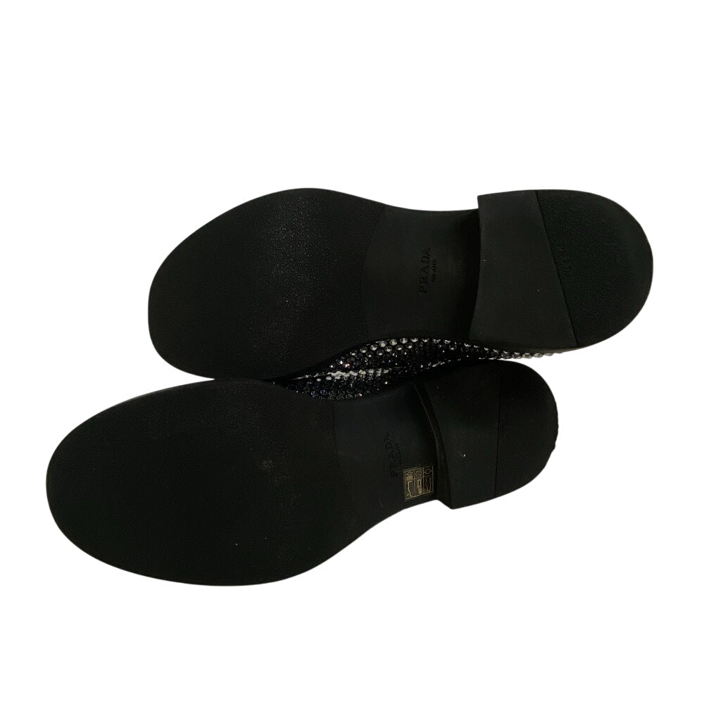 Prada Loafers Leather Black Triangle Plate Crystal Chocolate Mens 7