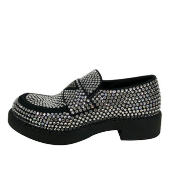 Prada Loafers Leather Black Triangle Plate Crystal Chocolate Mens 7