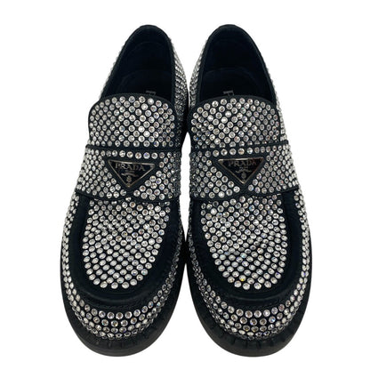 Prada Loafers Leather Black Triangle Plate Crystal Chocolate Mens 7