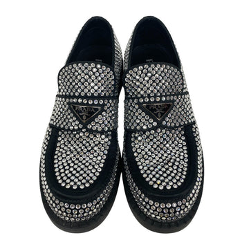 Prada Loafers Leather Black Triangle Plate Crystal Chocolate Mens 7