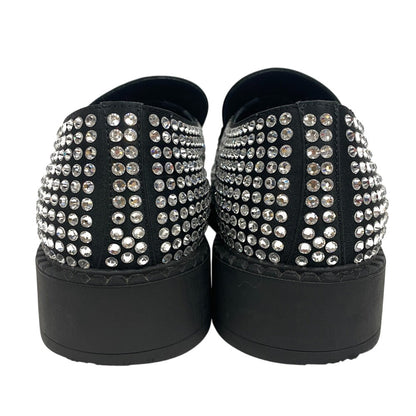 Prada Loafers Leather Black Triangle Plate Crystal Chocolate Mens 7