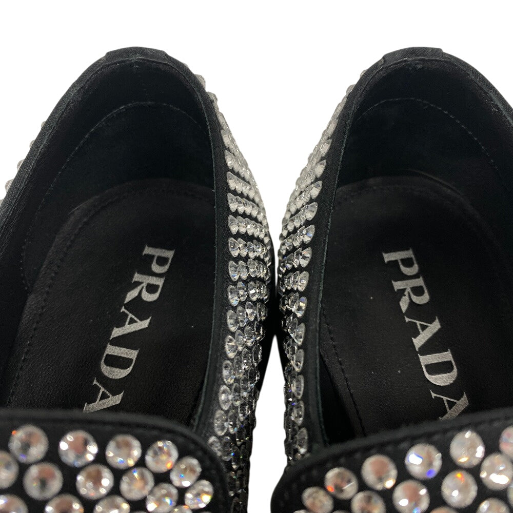 Prada Loafers Leather Black Triangle Plate Crystal Chocolate Mens 7