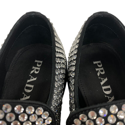 Prada Loafers Leather Black Triangle Plate Crystal Chocolate Mens 7