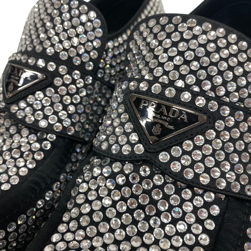 Prada Loafers Leather Black Triangle Plate Crystal Chocolate Mens 7