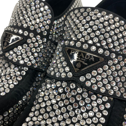 Prada Loafers Leather Black Triangle Plate Crystal Chocolate Mens 7