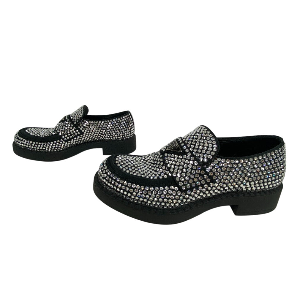 Prada Loafers Leather Black Triangle Plate Crystal Chocolate Mens 7
