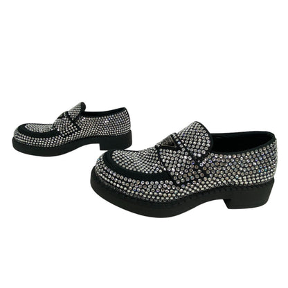 Prada Loafers Leather Black Triangle Plate Crystal Chocolate Mens 7