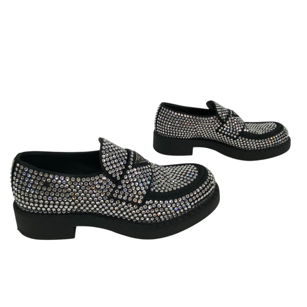 Prada Loafers Leather Black Triangle Plate Crystal Chocolate Mens 7