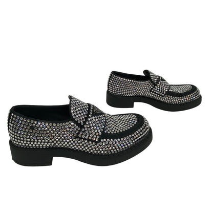 Prada Loafers Leather Black Triangle Plate Crystal Chocolate Mens 7