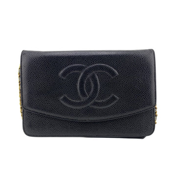 Chanel Long Wallet Purse Caviar Skin Black Chain Wallet Coco Mark Mens