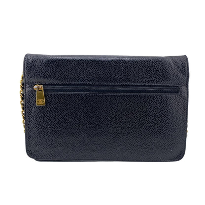 Chanel Long Wallet Purse Caviar Skin Black Chain Wallet Coco Mark Mens