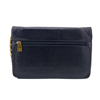 Chanel Long Wallet Purse Caviar Skin Black Chain Wallet Coco Mark Mens