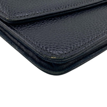 Chanel Long Wallet Purse Caviar Skin Black Chain Wallet Coco Mark Mens
