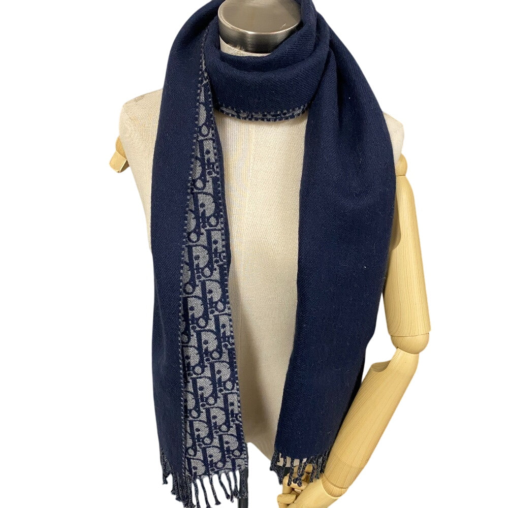 Christian Dior Scarf Wool, Cashmere Navy Fringe Oblique Women(Unisex)