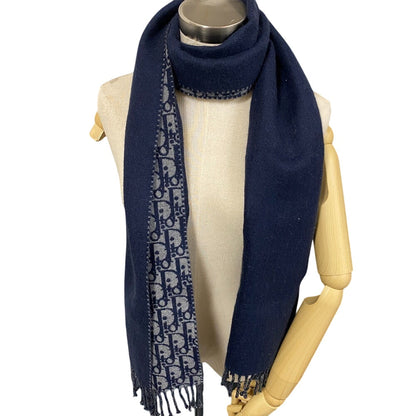 Christian Dior Scarf Wool, Cashmere Navy Fringe Oblique Women(Unisex)