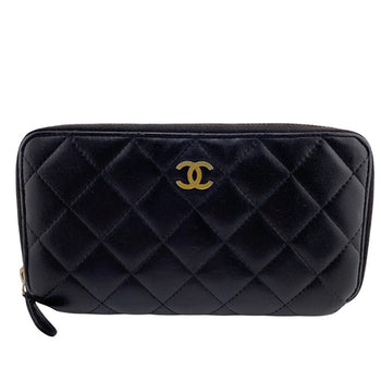 Chanel Long Wallet Purse Lambskin Black Zip Around Lambskin Matrasse Women