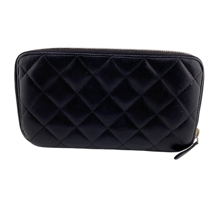 Chanel Long Wallet Purse Lambskin Black Zip Around Lambskin Matrasse Women