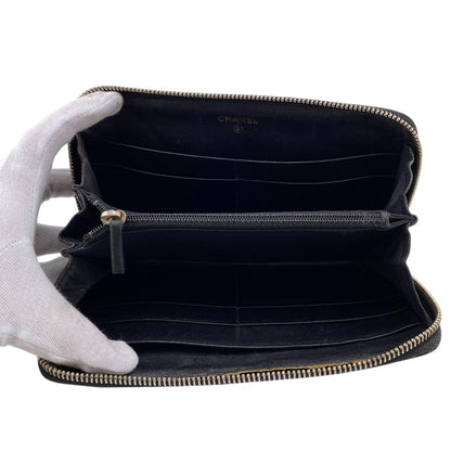 Chanel Long Wallet Purse Lambskin Black Zip Around Lambskin Matrasse Women