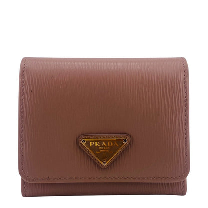 Prada Tri-Fold Wallet 1Mh176 Leather Beige Compact Wallet Wittelomb Triangle Women