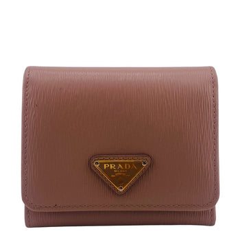 Prada Tri-Fold Wallet 1Mh176 Leather Beige Compact Wallet Wittelomb Triangle Women