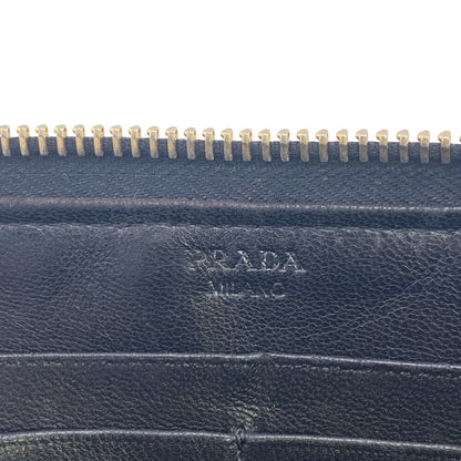 Prada Long Wallet Purse 1M0506 Leather Black Gathered Zip Around Women