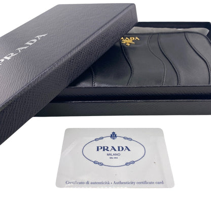 Prada Long Wallet Purse 1M0506 Leather Black Gathered Zip Around Women