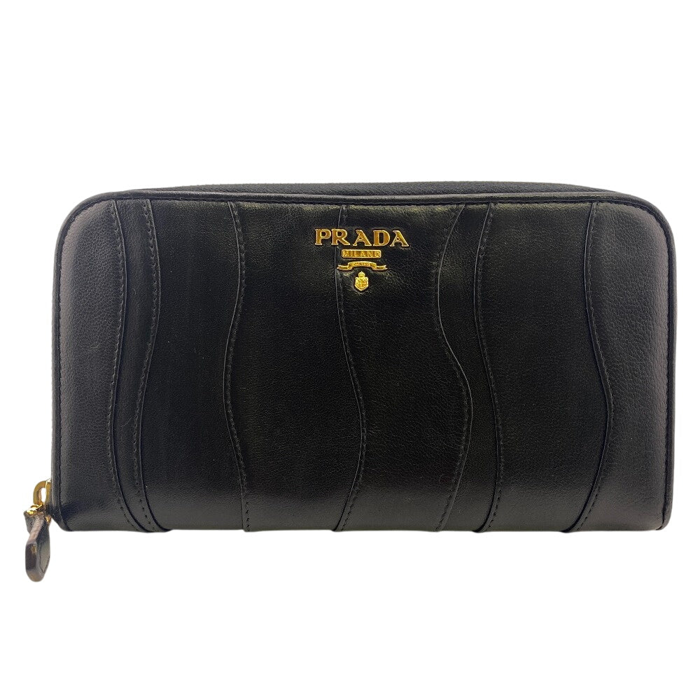 Prada Long Wallet Purse 1M0506 Leather Black Gathered Zip Around Women