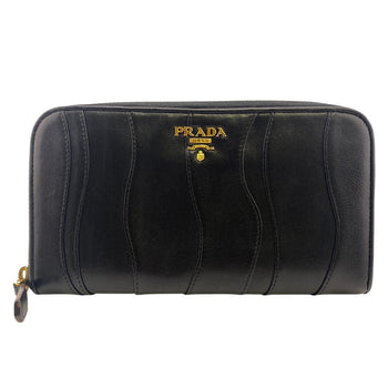 Prada Long Wallet Purse 1M0506 Leather Black Gathered Zip Around Women
