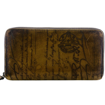 Berluti Long Wallet Purse Leather Brown Round Zip Wallet Calligraphy Mens
