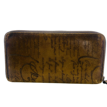 Berluti Long Wallet Purse Leather Brown Round Zip Wallet Calligraphy Mens