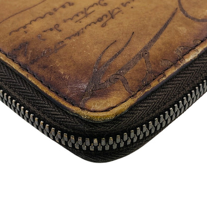 Berluti Long Wallet Purse Leather Brown Round Zip Wallet Calligraphy Mens